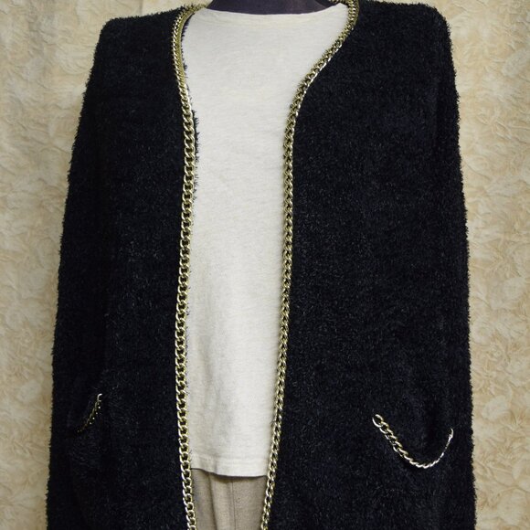 Black SOFT COZY Office Cardigan MobWife Forever 21 Gold Chain Trim XS STRETCHY! - Picture 2 of 6